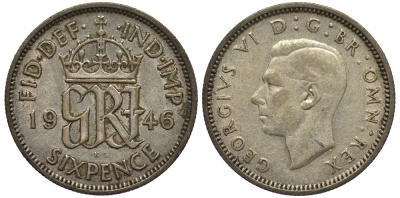 Великобритания 6 пенсов 1946 Георг VI (1936-1952) KM 852, Spink 4084 серебро 4538-641