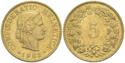 Швейцария 5 раппенов 1982 KM 26с алюминий латунь 105-554
