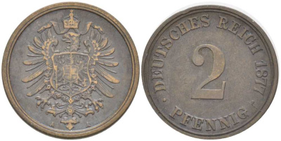 ГЕРМАНИЯ 2 ПФЕННИГА 1877 A, СТАРОГЕРБОВКА KM 2, J. 2, Weege 3 медь 212-716