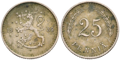 ФИНЛЯНДИЯ 25 ПЕННИ 1939 S KM 25 медно-никель 192-1161
