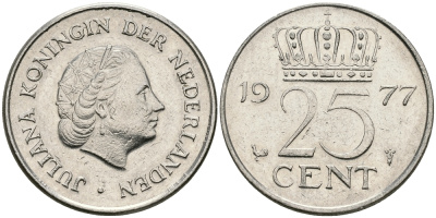 Нидерланды 25 центов 1977 Юлиана (1948-1980) KM 183 никель 96-246