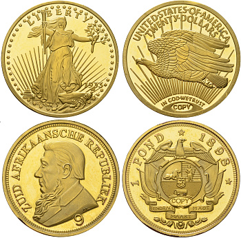 Бельгия подарочный набор из 2 жетонов (копий монет) - ЮАР 1 ранд 1898 и США 20 долларов 1933 в красочной упаковке 8-2-06-60