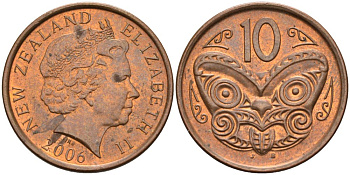 Новая Зеландия 10 центов 2006 Елизавета II (1952-2022), маска маори KM 117а сталь плакированная медью 106-1034