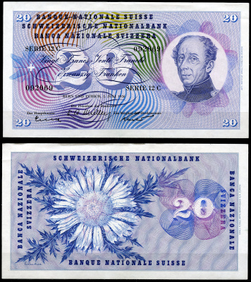 Швейцария 20 франков 1956 генерал Гийом-Анри Дюфур, 5 июля 1956 Pick  46 d  бумага   6285-4-2-1