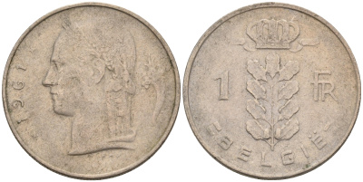 БЕЛЬГИЯ 1 ФРАНК 1961 BELGIE KM 143.1 медно-никель 4563-1244