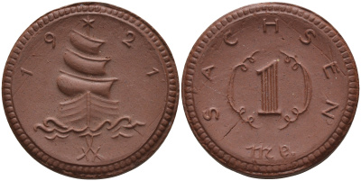 Саксония 1 марка 1921 парусник J. N 55 фарфор 1094-4-85