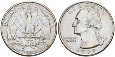 США 25 центов = квотер 1997 D, Вашингтон KM А164а медь плакированная медно-никелем 190-426