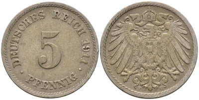 Германия 5 пфеннигов 1911 F KM 11, Jager 12, Weege 6 медно-никель 4151-526