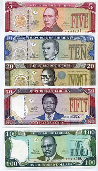 Либерия 5, 10, 20, 50 и 100 долларов 2009 Central Bank Pick 26, 27, 28, 29, 30 бумага UNC (пресс) 448-74-2