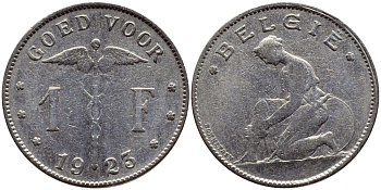 Бельгия 1 франк 1923 Belgie, Альберт I (1909-1934) KM 90 никель 4610-731
