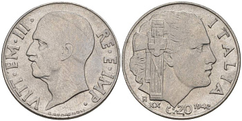 ИТАЛИЯ 20 ЧЕНТЕЗИМО 1942 R, ГОД XX, ВИКТОР ЭММАНУИЛ III (1900-1946), МАГНИТНАЯ, ГУРТ РИФЛЁНЫЙ KM 75b, VEM3. 1029 нержавеющая сталь 3853-425