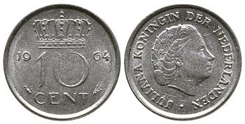 НИДЕРЛАНДЫ 10 ЦЕНТОВ 1964 ЮЛИАНА KM 182 никель 4385-642