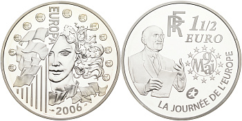 Франция 1 1/2 евро 2006 Декларация Шумана, день Европы 9 мая 1950 года KM 2037 серебро PROOF 06-281-11