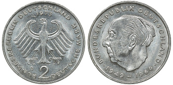 ФРГ 2 МАРКИ 1973 D, ТЕОДОР ХОЙС KM 127, J. 407 медно-никель плакированный никелем плакированный никелем UNC 72-544