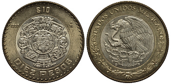 Мексика 10 песо 1997 Мо, бог Тонатиуха с огненной маской KM 616 биметалл 87-742