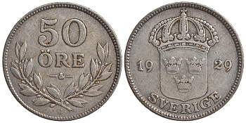 Швеция 50 эре 1929 G, Густав V (1907-1950) KM 788 серебро 4179-936