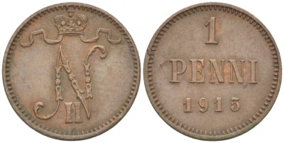РОССИЯ ДЛЯ ФИНЛЯНДИИ 1 ПЕННИ 1915 НИКОЛАЙ II KM 13, Биткин 475 медь 4396-1456