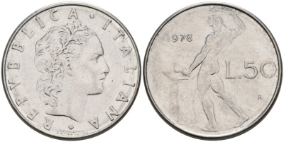 Италия 50 лир 1978 R, Бог огня Вулкан у наковальни KM 95.1 нержавеющая сталь 4571-526
