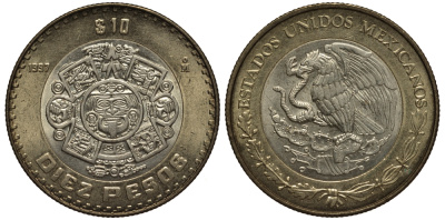 Мексика 10 песо 1997 Мо, бог Тонатиуха с огненной маской KM 616 биметалл 87-742