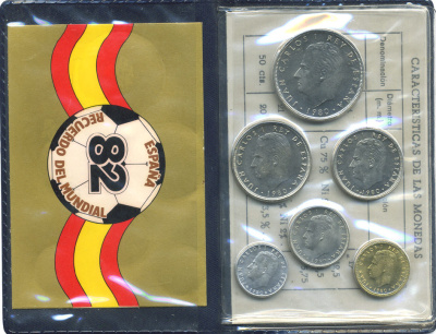 Испания официальный набор из 6 монет (50 сентимов; 1, 5, 25, 50 и 100 песет) 1980 чемпионат мира по футболу в Испании 1982 года KM MS11 (815, 816, 817, 818, 819 и 820)  UNC 5-4-3-68
