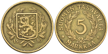 Финляндия 5 марок 1930 S, редкий год, тираж 592.000 KM 31 алюминиевая бронза 4589-941