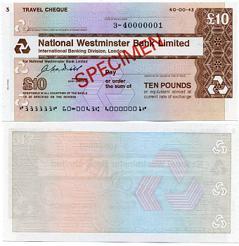 АНГЛИЯ ДОРОЖНЫЙ ЧЕК НА 10 ФУНТОВ NATIONAL WESTMINSTER BANK (INTERNATIONAL BANKING DIVISION, LONDON), SPESIMEN бумага UNC (ПРЕСС) 6280-18-3-2