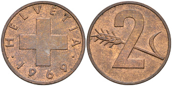 Швейцария 2 раппена 1969 KM 47 бронза 4592-621
