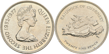 Гернси 25 пенсов 1977 25 лет правления Елизаветы II, крепость KM 31 медно-никель UNC 118-324
