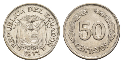 Эквадор 50 сентаво 1971 редкий год KM 81 сталь плакированная никелем UNC 4641-613