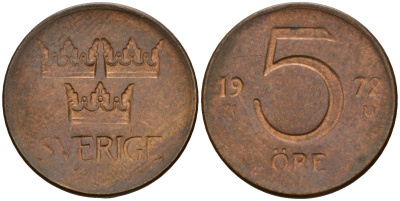 Швеция 5 эре 1972 Густав VI Адольф (1950-1973) KM 845 бронза 4189-933