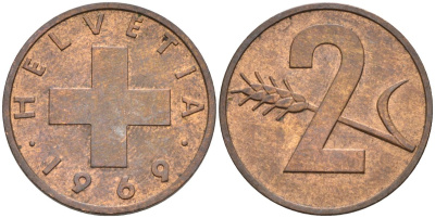 Швейцария 2 раппена 1969 KM 47 бронза 4592-621