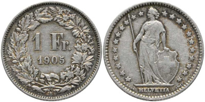 Швейцария 1 франк 1905 B КМ 24 серебро 202-544