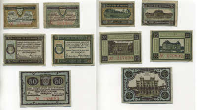 ХАММ НАБОР ИЗ 5 БАНКНОТ 1920 НОТГЕЛЬД, ВИДЫ ГОРОДА, (2 Х 10, 2 Х 25, 50 ПФЕННИГОВ), 18 МАЯ 1920 Грабовски 568.2 бумага 70-1-4