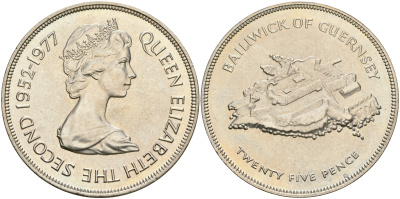 Гернси 25 пенсов 1977 25 лет правления Елизаветы II, крепость KM 31 медно-никель UNC 118-324
