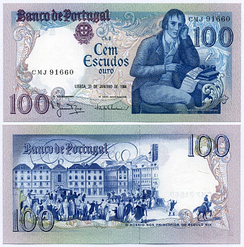 ПОРТУГАЛИЯ 100 ЭСКУДО 1984 31 ЯНВАРЯ 1984, МАНУЭЛЬ МАРИЯ БАРБОЗА ду БОГАЖЕ, ПОРТУГАЛЬСКИЙ ПОЭТ Pick 178с бумага UNC (ПРЕСС) 7486-23-1-2