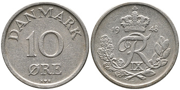ДАНИЯ 10 ЭРЕ 1948 N; S, ФРЕДЕРИК IX (1947-1972) KM 841.1 медно-никель 100-728
