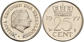 Нидерланды 25 центов 1977 Юлиана (1948-1980) KM 183 никель 4598-526