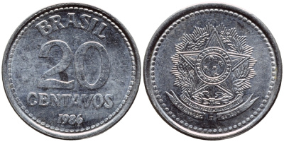 Бразилия 20 сентаво 1986 герб KM 603, Schon 112 нержавеющая сталь 4396-344