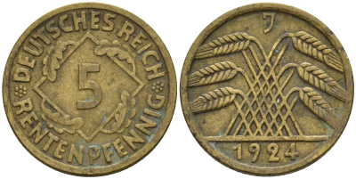 Германия 5 рентенпфеннигов 1924 J KM 32, J. 308 алюминиевая бронза 4151-711
