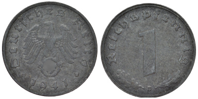 Германия 1 рейхспфенниг 1941 D KM 97, J. 369 цинк 4124-215
