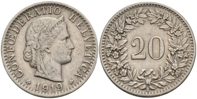 Швейцария 20 раппенов 1919 KM 29 никель 4152-565