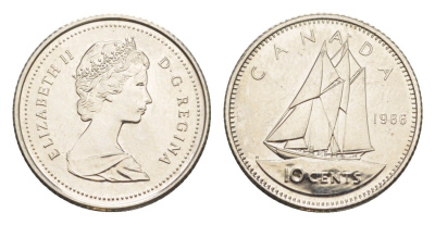 Канада 10 центов 1986 Елизавета II (1952-2022), парусник KM 77 никель UNC 4639-648