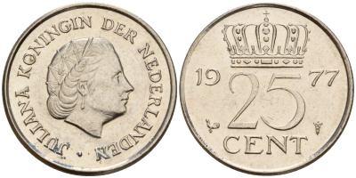 Нидерланды 25 центов 1977 Юлиана (1948-1980) KM 183 никель 4598-526