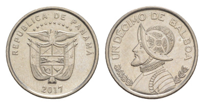 Панама 1/10 бальбоа (10 сентесимо) 2017 тираж 2.000.000 экземпляров KM 127.2 медь плакированная медно-никелем UNC 4644-216
