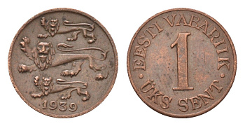 Эстония 1 сент 1939 год-тип KM 19 бронза 4044-221