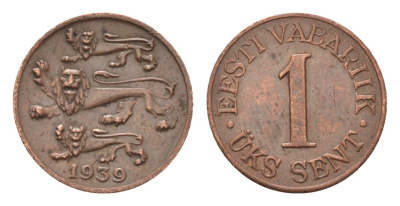 Эстония 1 сент 1939 год-тип KM 19 бронза 4044-221