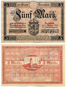 Германия, Дармштадт 5 марок 1918 - 1919 1 октября 1918 - 1 Февраля 1919, нотгельд, земля Гессен, водяной знак перепечатка, № номер снежинка, с перфорацией Geiger 092.03  бумага  UNC (пресс) 8613-32-1-1