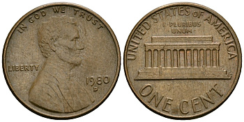 США 1 цент 1980 D, Авраам Линкольн KM 201 медь цинк 4136-166