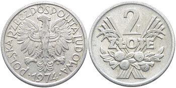 ПОЛЬША 2 ЗЛОТЫХ 1974 MW KM 46 алюминий 113-416
