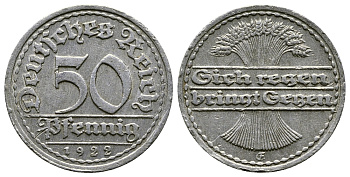 ГЕРМАНИЯ 50 ПФЕННИГОВ 1922 FG KM 27, J. 301, Weege 10 алюминий 4380-922